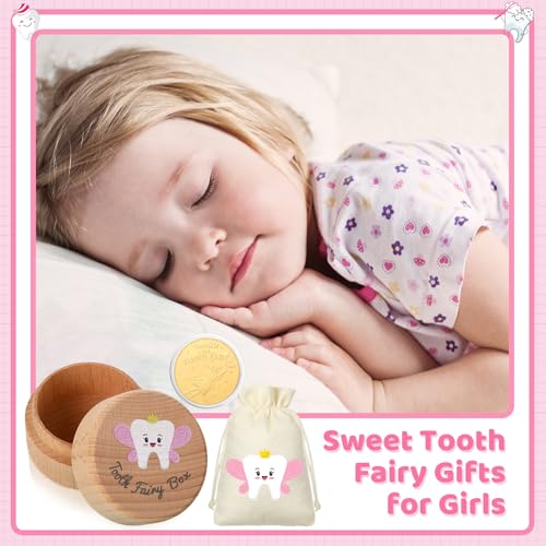 3-Piece Pink Tooth Fairy Kit - Wooden Keepsake Box, Pouch & Gold Coin