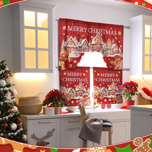 Remagr Gingerbread Man Christmas Kitchen Curtains 3-Piece Set Valance + 2 Panels 35.83 x 59.84 / 35.83 x 29.92
