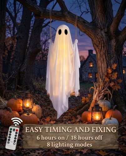 5FT Halloween Swinging Ghost Outdoor Decor with LED Lights and Detachable Witch Hat