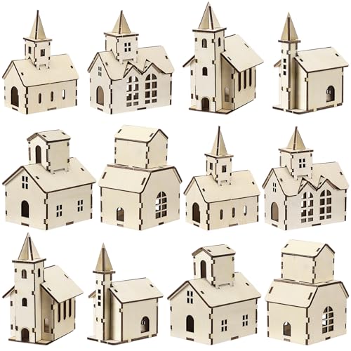 Hiboom 24 Pcs DIY Christmas Village Sets – Church/12Pcs 4 Styles Wood Rustic Mini Houses