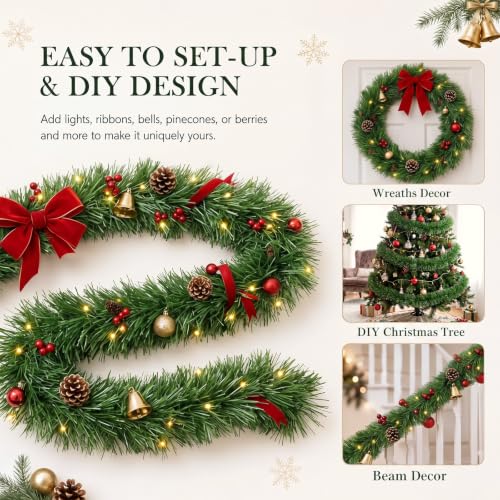 Aufee 50FT Green Christmas Garland Decorations - Outdoor Indoor Faux Pine Railing Wreath, DIY Friendly, Waterproof Holiday Decor - Variation 1