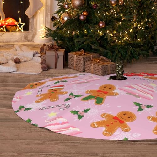 JOOCAR 48 Inch Pink Christmas Tree Skirt with Lace Up Candy Cane Gingerbread Pattern - 122cm