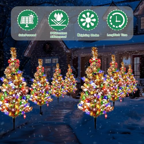 LSHXINXX 8 Pack Outdoor Solar Christmas Tree Lights with Bows, 160 LED Multi-Color Modes