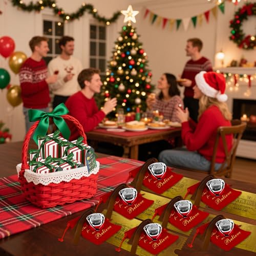 Kuabiz 50 Sets Christmas Believe Bells with Red Velvet Bags & Gift Boxes - Santa Sleigh Ringtone Ornaments