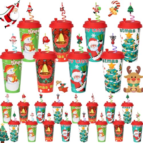 AFZMON 24 Sets Christmas Party Cups with Lids and Silly Straws - Bulk 16oz