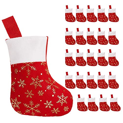 24 Pack Red Flannel Christmas Stockings with Gold Snowflakes (8.2")