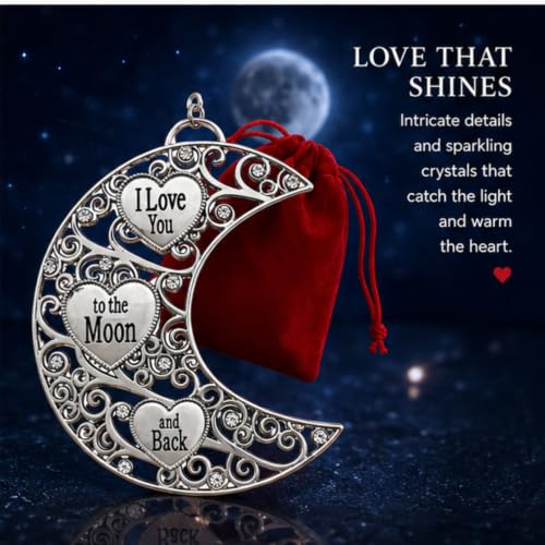 I Love You to the Moon and Back Ornament Set of 2, Filigree Moon Hearts with Crystals – Red Gift Bags Included (BANBERRY DESIGNS)