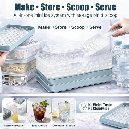 Mini Pebble Ice Cube Trays with Lid and Storage Bin - 2 Pack with Scoop