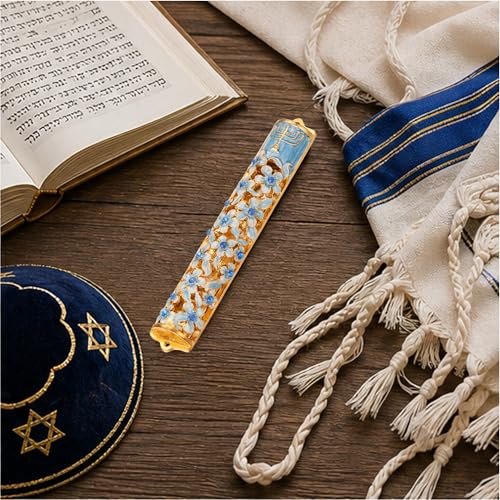 Decorative Enamel Mezuzah with Scroll - Hand Painted Floral Design 5.5 Inch