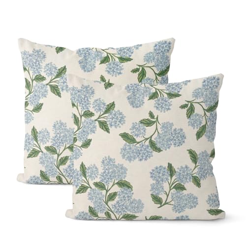 Floral Outdoor Pillow Covers 18x18 Inch - Set of 2 Blue Hydrangea Linen