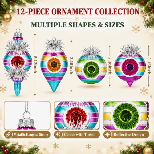 Vintage Glass Christmas Ornaments Set - Reflector Design, 12 Pieces