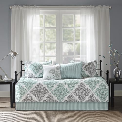 6-Piece Reversible Quilted Daybed Cover Set with Bedskirt & Shams - Aqua