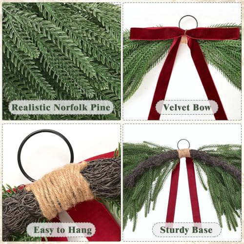 Waipfaru 26 Inch Artificial Norfolk Pine Christmas Mirror Garland with Red Bow - Reusable Holiday Decor