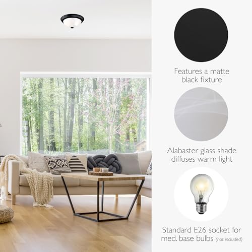 Design House 588251 Traditional 2-Light Indoor Dimmable Ceiling Light with Alabaster Glass for Bedroom Hallway Kitchen Dining Room, Matte Black, 2 Pack