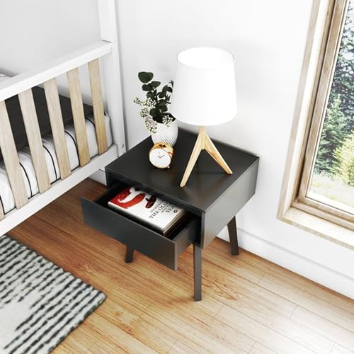 Scandinavian Solid Wood Nightstand with Drawer, Black