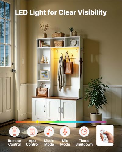 39-Inch Hall Tree with Bench and Shoe Storage, Entryway Coat Rack with LED Light
