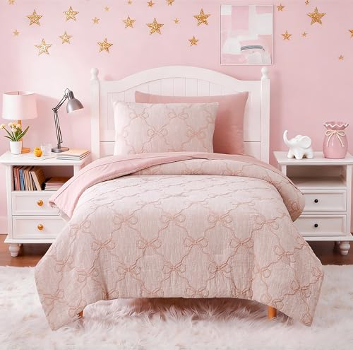 Pink Bow Twin Comforter Set with Sheets - 5-Piece Girls Bedding Set