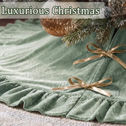 60-Inch Sage Green Velvet Christmas Tree Skirt with Bows & Ruffled Edge