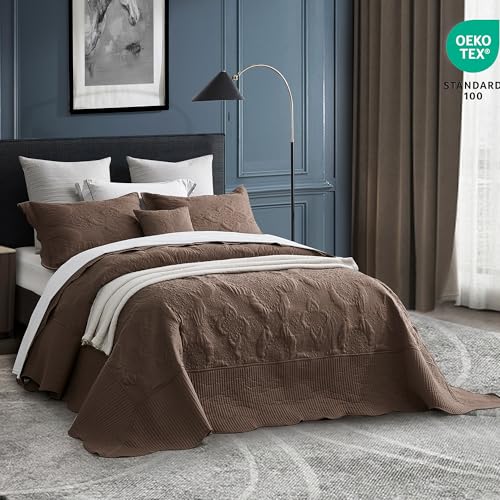 HZ & HY Oversized King Bedspread Set - 5-Piece Damask Quilt, Mocha