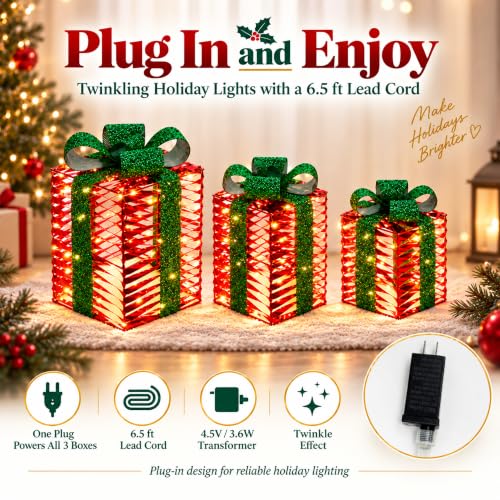 Christmas Lighted Gift Boxes Set of 3 with Warm White LED Lights - Holiday Decor