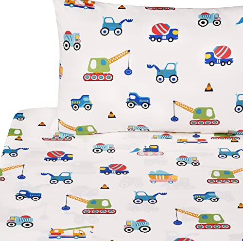 Kids Construction Vehicle Twin Sheet Set - 100% Cotton 3-Piece Bedding
