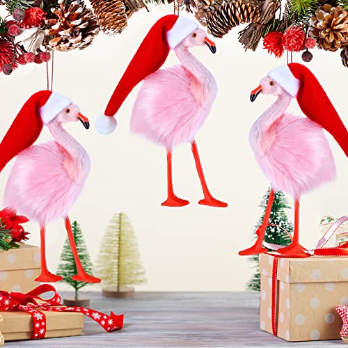 Jexine 3 Pack Pink Flamingo Christmas Ornaments - Plush Santa Hat Xmas Tree Decor