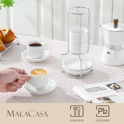 MALACASA Porcelain Espresso Cups Set of 4 - 2.5 Oz White Cappuccino Cups with Saucers & Metal Stand