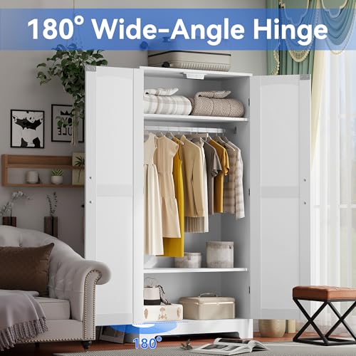 Freestanding Wooden Wardrobe Closet with Hanging Rod and Adjustable Shelves
