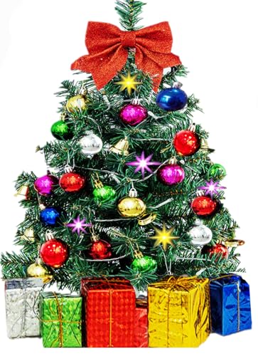 HUAERYOUYUE 24 Inch Dark Green Mini Christmas Tree with LED Lights & Ornaments