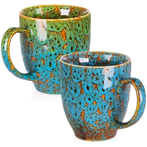 YINUOWEI 16 oz Ceramic Mug Set of 2 - Large Coffee Cups with Ergonomic Handles (Green & Blue, Blue)