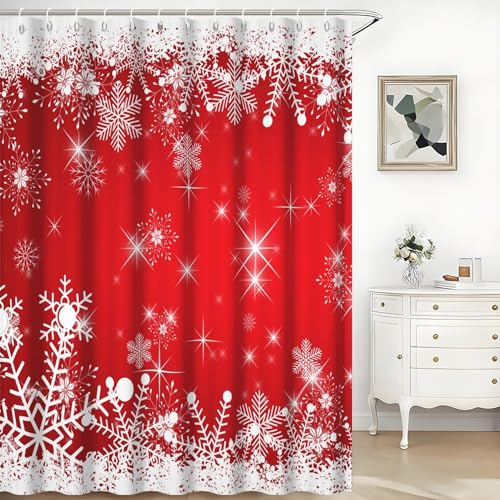 Christmas Shower Curtain Red and White Snowflakes Winter Wonderland