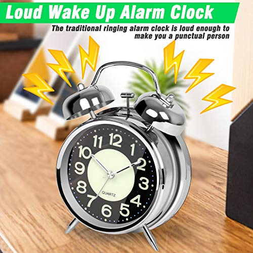 Loud Twin Bell Alarm Clock for Heavy Sleepers - 4.5" Retro Silent Metal Clock