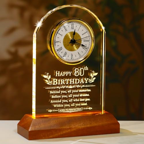 80th Birthday Crystal Quartz Clock Keepsake with Wooden LED Light Base