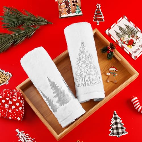 Quera 2-Pack Christmas Hand Towels 14x30" Embroidered Winter Woodland Trees