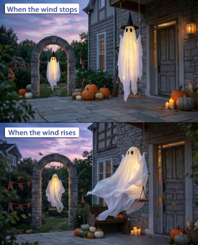 5FT Halloween Swinging Ghost Outdoor Decor with LED Lights and Detachable Witch Hat