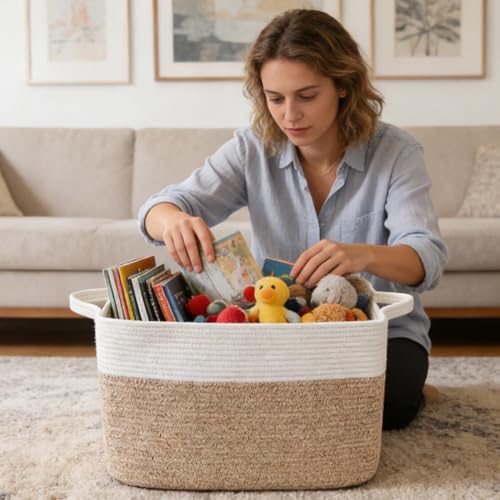 HZFTJOY 65L Cotton Rope Laundry Basket & Blanket Storage, 21"x16"x12"