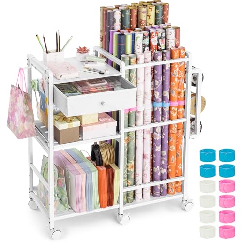Rolling Gift Wrap Station & Wrapping Paper Storage Cart with 9 Rods