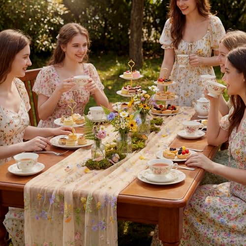 Champagne 6-Pack Floral Embroidered Table Runners 10ft Wedding Baby Shower 23.6 x 120 inches