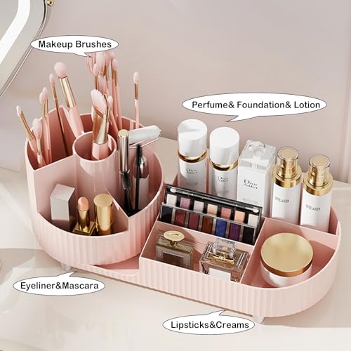 Pink Rotating Vanity Organizer with Brush Holder - Large Spinning Makeup & Skincare Storage, COMFYROOM