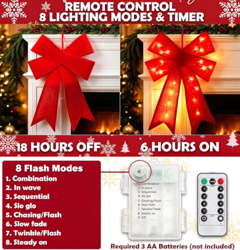 2 Pack Prelit Red Velvet Christmas Bows with 20 LED Lights & Remote Timer
