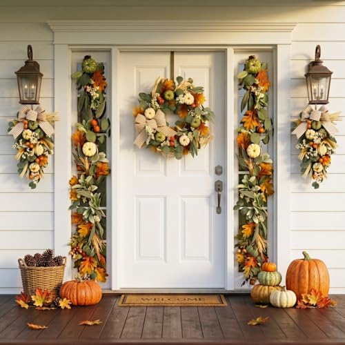 6ft Pre-Lit Fall Garland with Pumpkins & Warm LED Lights for Mantle