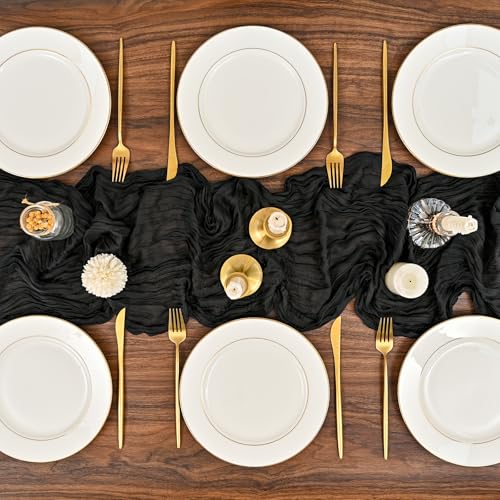 FXKS 12 Pack Black Cheesecloth Table Runner 20 x 120 in - Wrinkled Gauze, Hand Washable