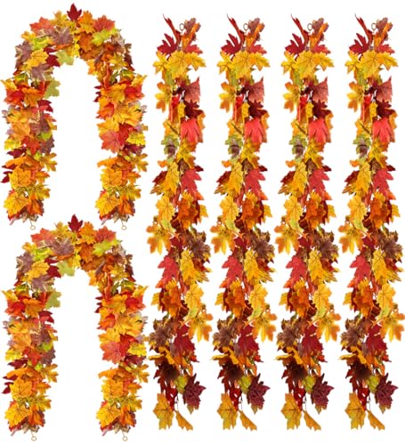 Artificial Fall Maple Leaf Garland 6 Pack (5.9 Ft) with Hooks - Autumn Decor