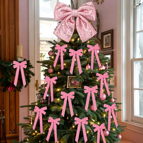 Pink Velvet Christmas Tree Bow Set with Sequin Topper - Holiday Decor