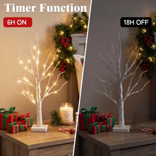 2FT Lighted Birch Tree Lamp with Warm White LED Lights & Timer (2 Pack)