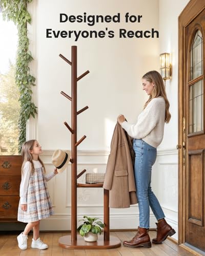 Solid Wood Freestanding Coat Rack with 8 Hooks & Storage Shelves, Brown