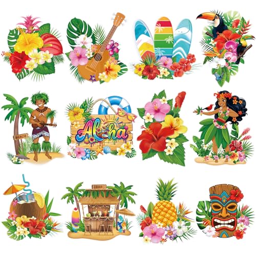 12-Piece Hawaiian Luau Party Decorations, Large Tropical Paper Cutouts