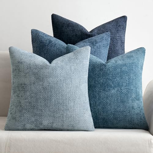 MIULEE Soft Chenille Throw Pillow Covers 18x18 Inch, Blue Series - Set of 4