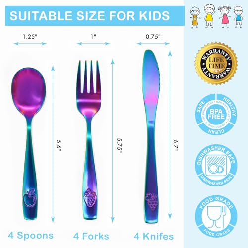 12-Piece Stainless Steel Kids Silverware Set - Toddler Safe Flatware with Rainbow Finish