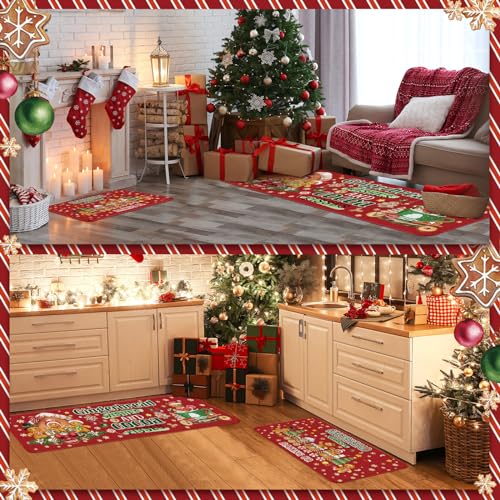 2-Piece Gingerbread Man Christmas Kitchen Rug Set - Non-Slip Holiday Floor Mats